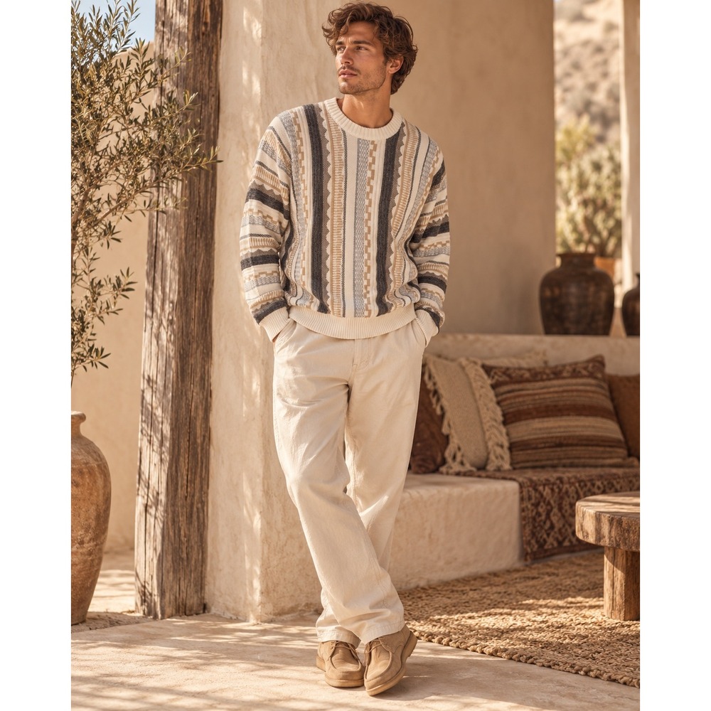Hollister Mens Geometric Textured Knit Crewneck Sweater White Tan Grey Small